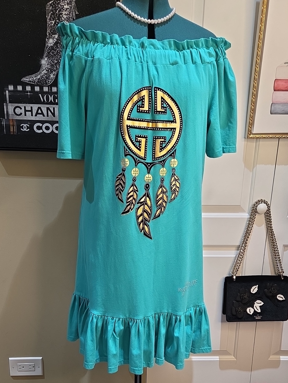 Nwt Large Mon Renn Off-Shoulder Turquoise Midi Dress with Dreamcatcher Motif